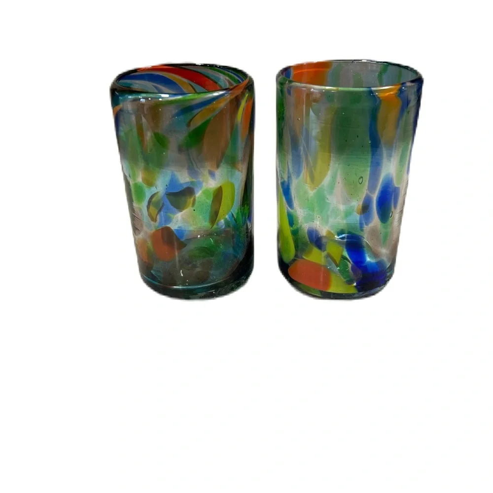2 Crate & Barrel Mexican Hand Blown Recycled Drinking Glasses Multicolor Dot Rue